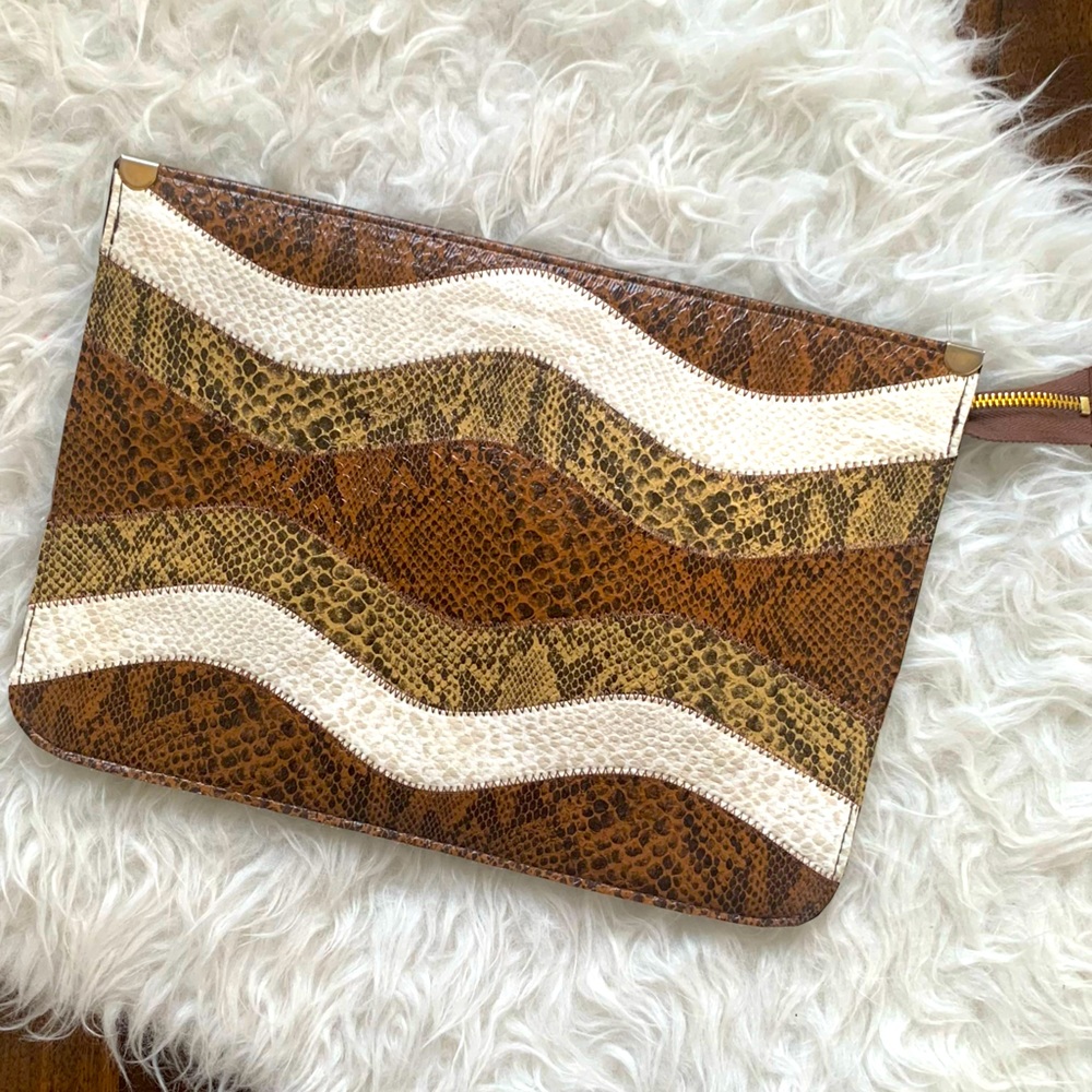 Vintage faux Snake print embossed large clutch, mod curvy stripe pattern